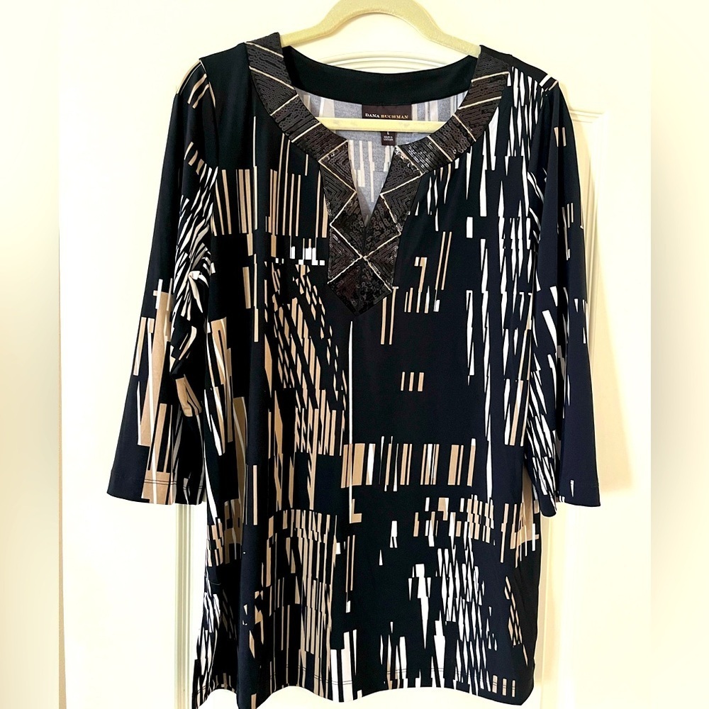 Dana Buchman Elegant Mixed Black Sequin Neckline 3/4 Sleeve Women’s Size Large